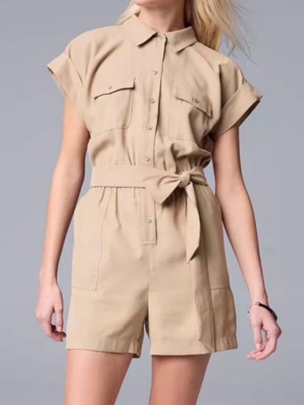 Simply Vera Wang Khaki Utility Romper L Safari Jumpsuit Tie Waist Button Pockets